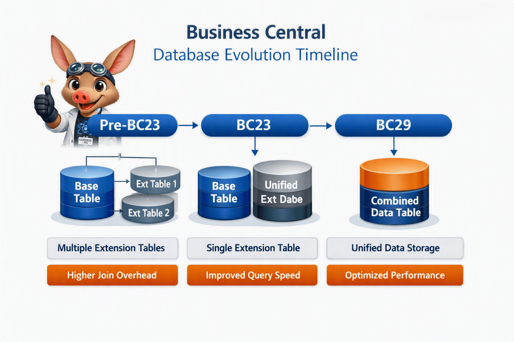 A graphic depicting the Business Central database evolution timeline, featuring a cartoon pig character, showing the transition from Pre-BC23 with multiple extension tables to BC23 with a single extension table, and finally to BC29 with unified data storage. The diagram highlights key features like higher join overhead, improved query speed, and optimized performance.