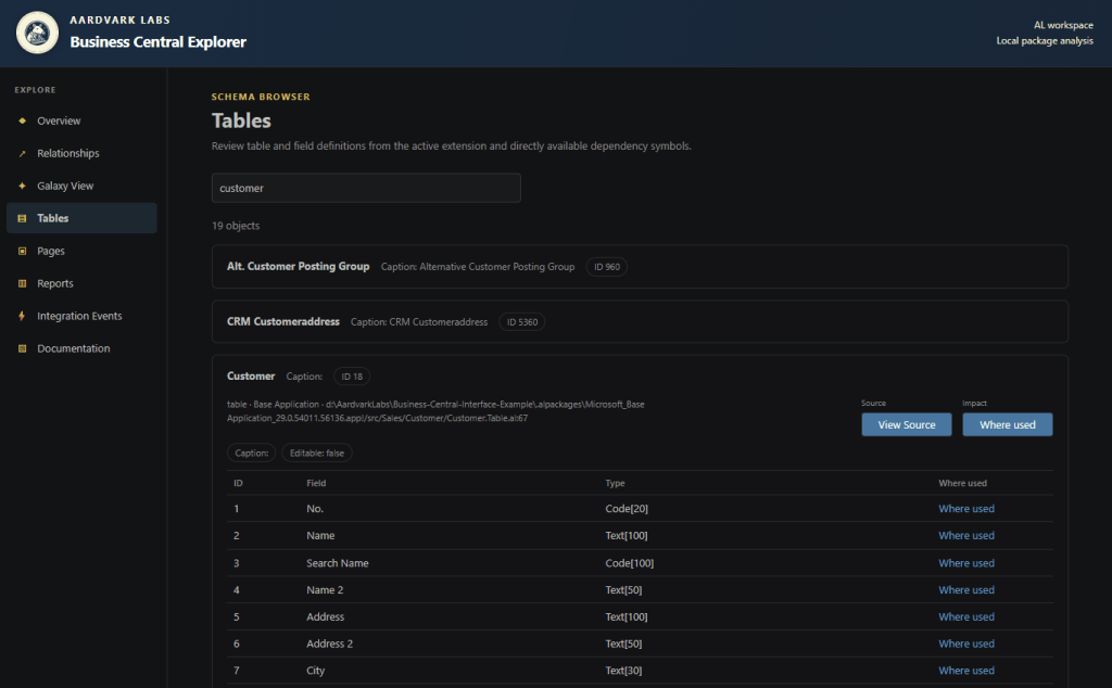 Screenshot of the Business Central Explorer Schema Browser displaying the 'Tables' section with a focus on the 'customer' table and its definitions, including various fields like ID, Name, and Address.